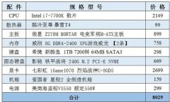 8000元i7-7700K配GTX1070主機(jī)配置推薦
